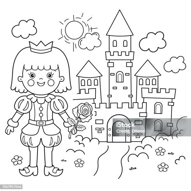 Coloring page outline of cartoon lovely prince with magic rose beautiful young king royal castle or palace fairy tale hero or character coloring book for kids stock illustration