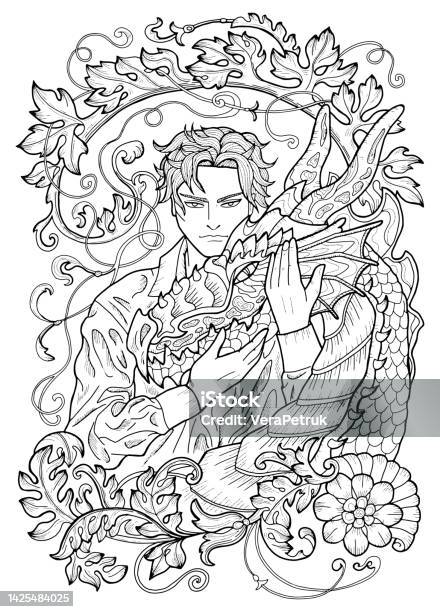 Line art manga style illustration with fantasy dragon and hero man or prince isolated on white stock illustration