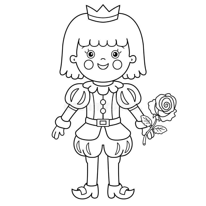 Coloring page outline of cartoon lovely prince with magic rose beautiful young king fairy tale hero or character stock vector