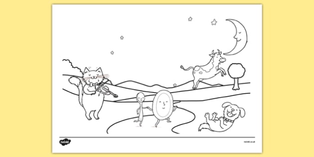 Hey diddle diddle scene colouring sheet teacher made