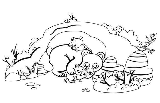 Premium vector black and white vector illustration of bear family hibernating in their cave