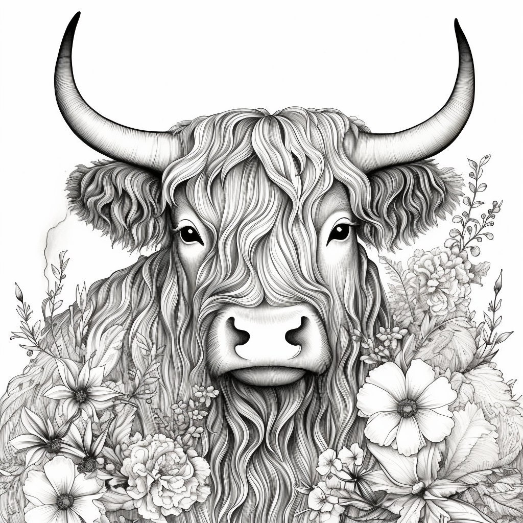 Floral highland cow print adult coloring page digital downloads