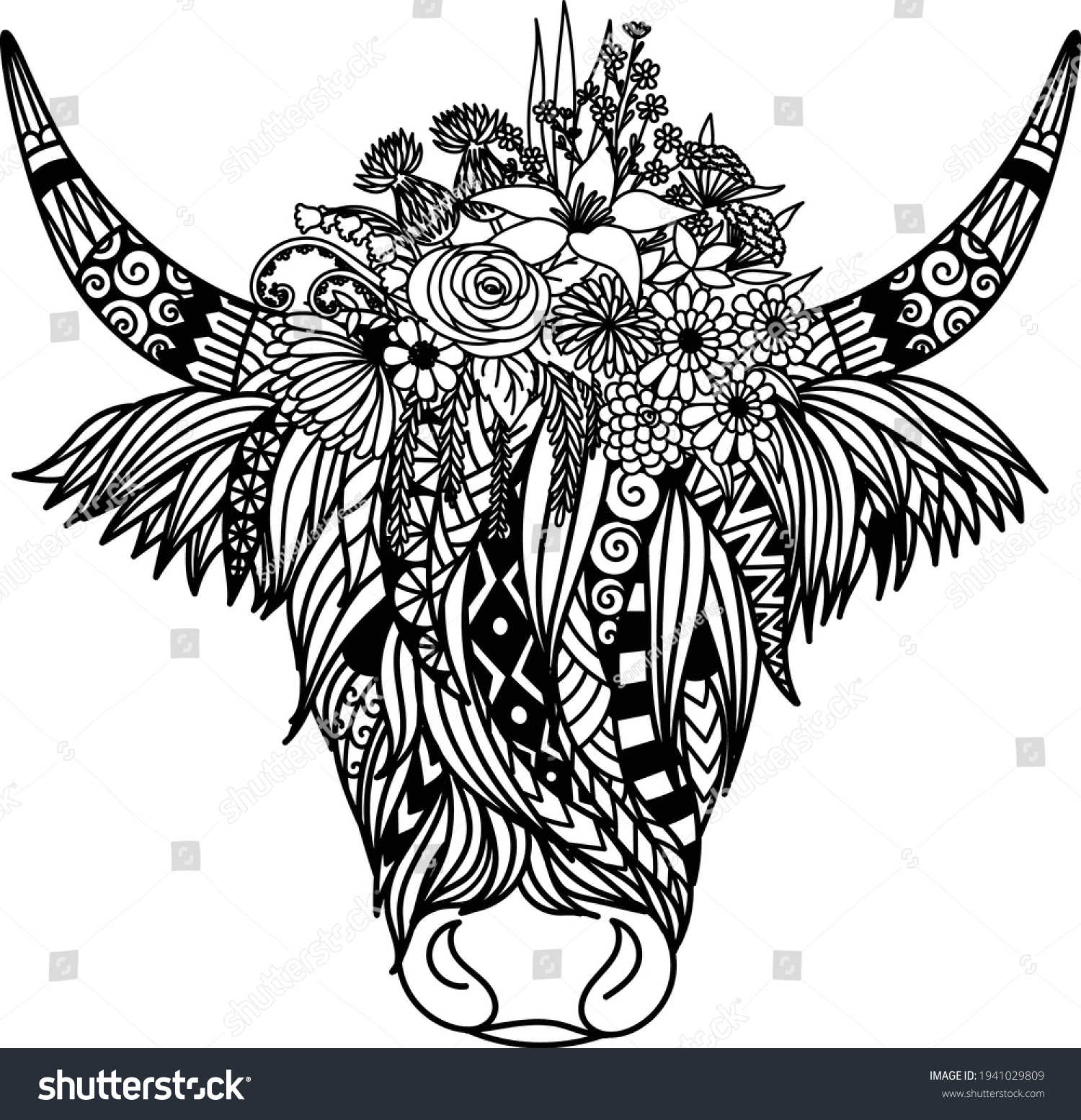 Highland cow flowers design coloring bookcoloring stock vector royalty free