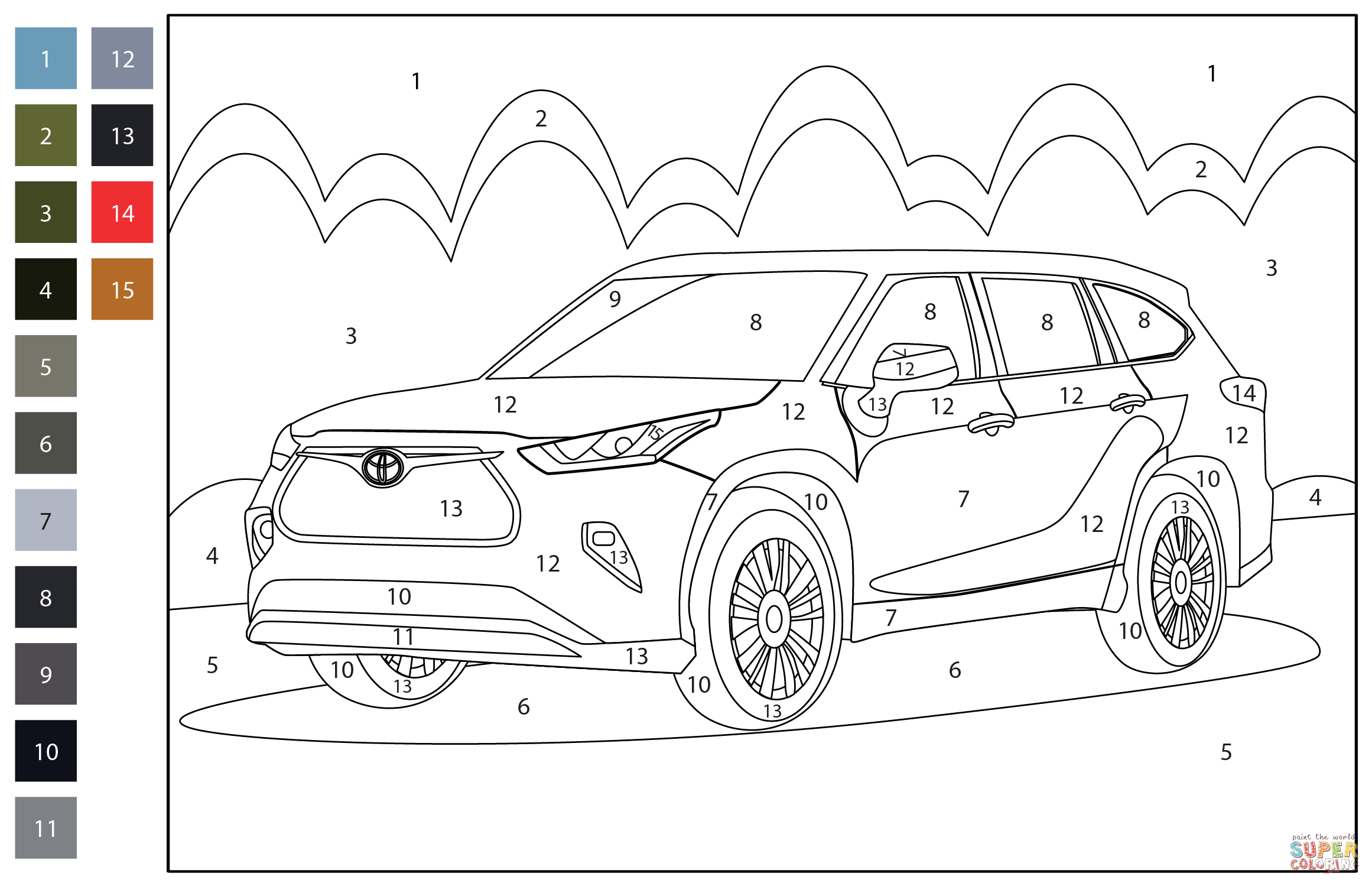 Toyota highlander color by number coloring page free printable coloring pages