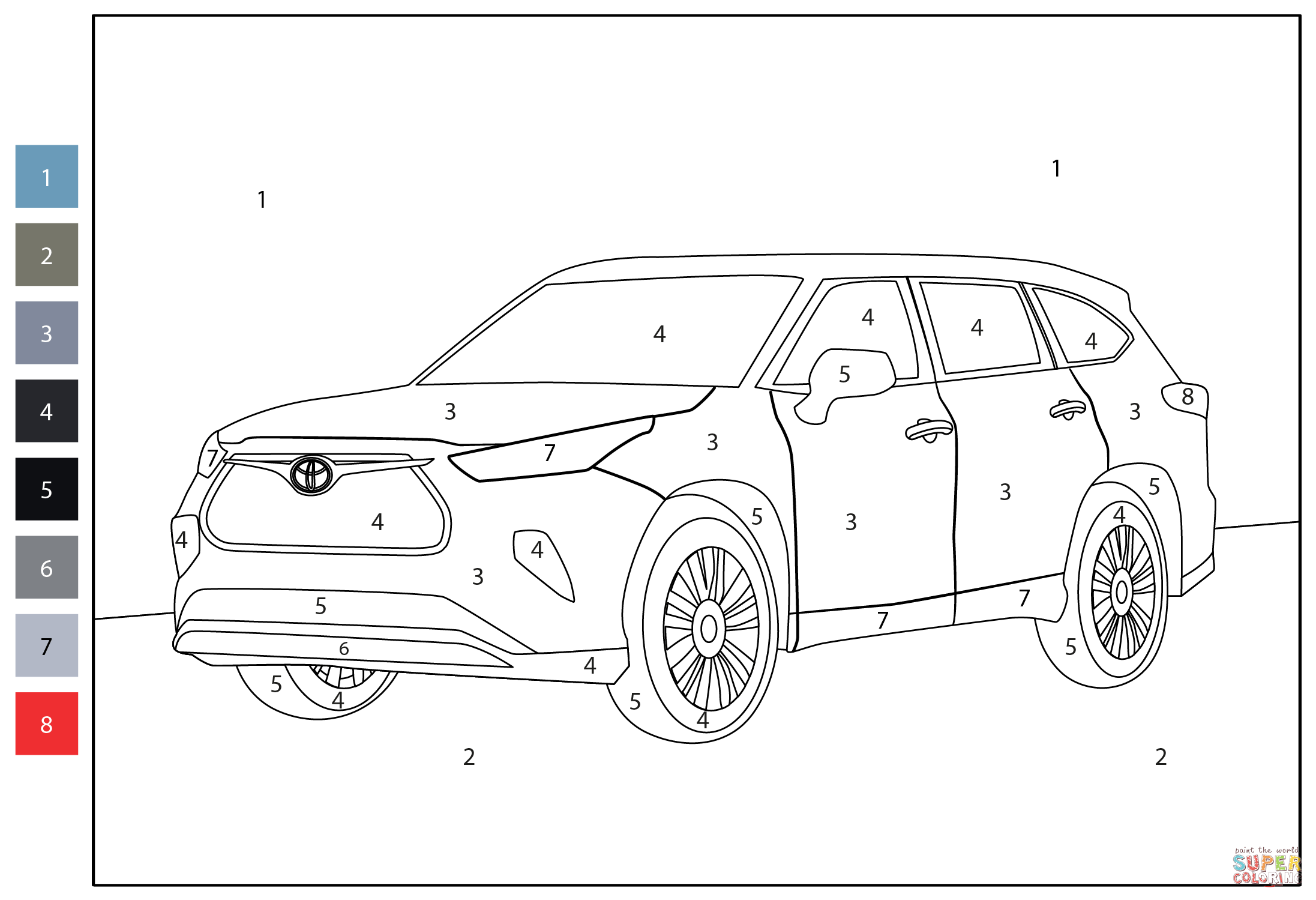 Toyota highlander color by number coloring page free printable coloring pages