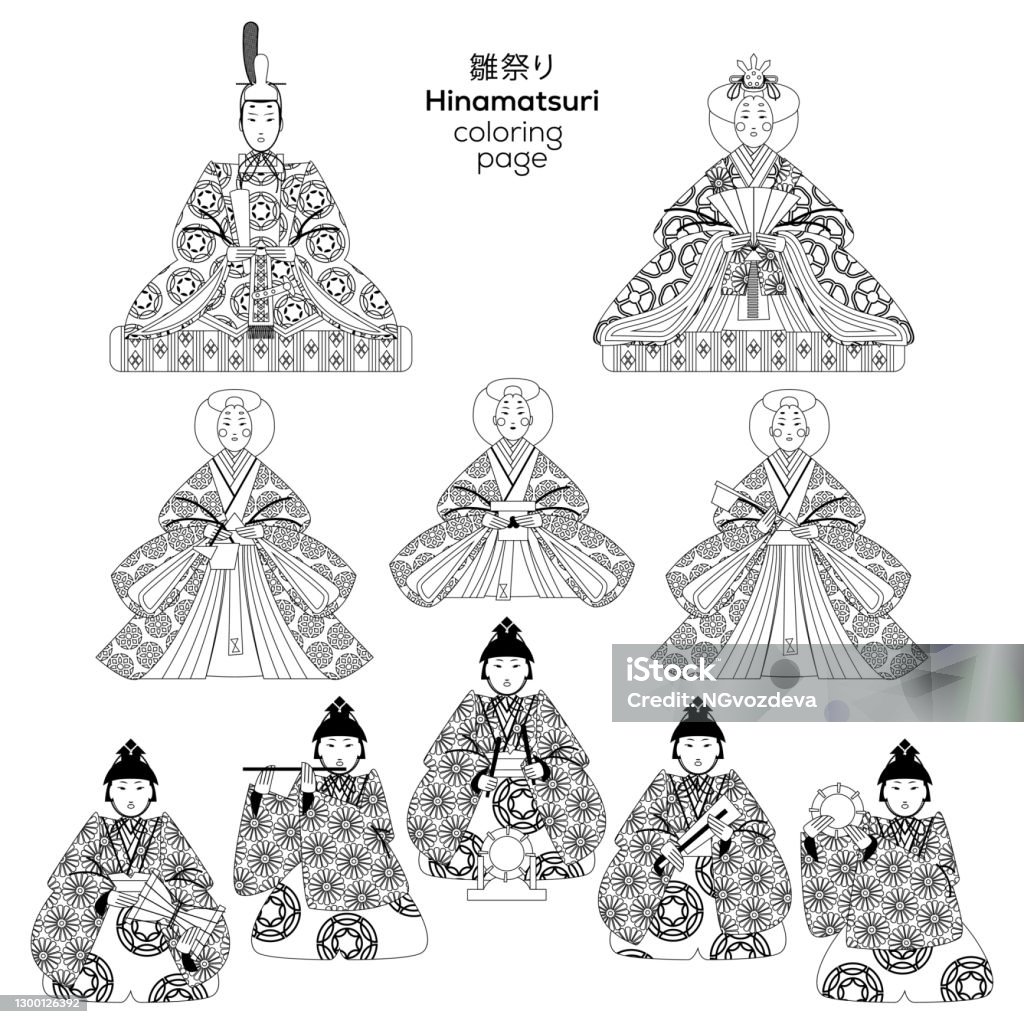 Japanese hinamatsuri festival set of ornamental dolls coloring page stock illustration