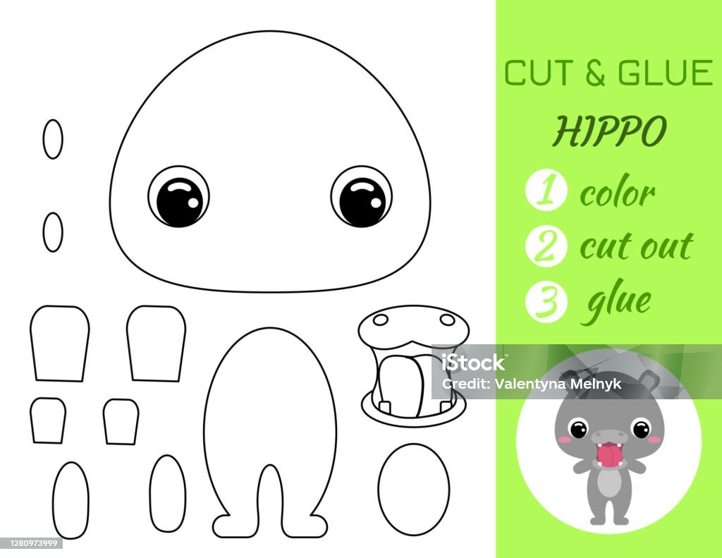 Vetores de colorir livro cortado e colar hipopãtamo bebãª jogo de papel educativo para crianãas prãescolares planilha cortar e colar cor peãas cortadas e cola no papel personagem de desenho animado ilustraãão