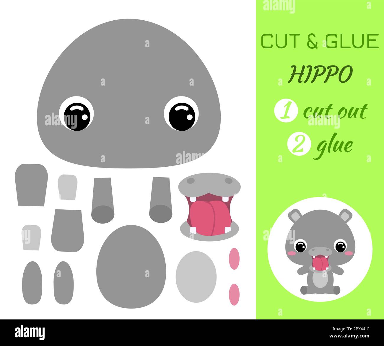 Cortar y pegar bebã sentado hipopãtamo juego de aplicaciãn de papel en color juego de papel educativo para niãos precolar animal africano personaje de dibujos animados plana imagen vector de stock