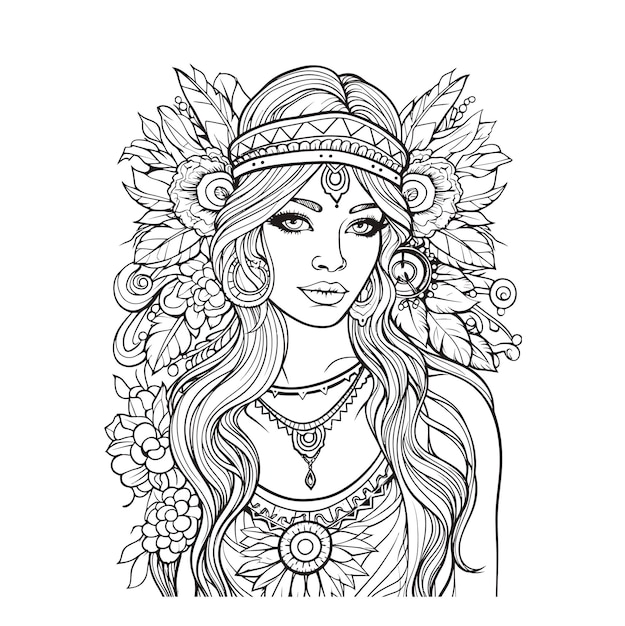 Premium vector boho style hippie girls coloring page