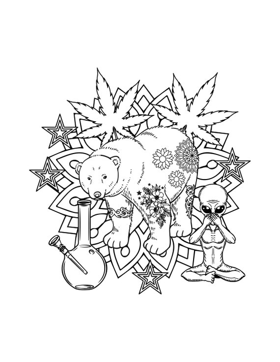 Trippy hippie bear coloring page trippy stoner printable pdf digital download stoner alien psychedelic coloring page