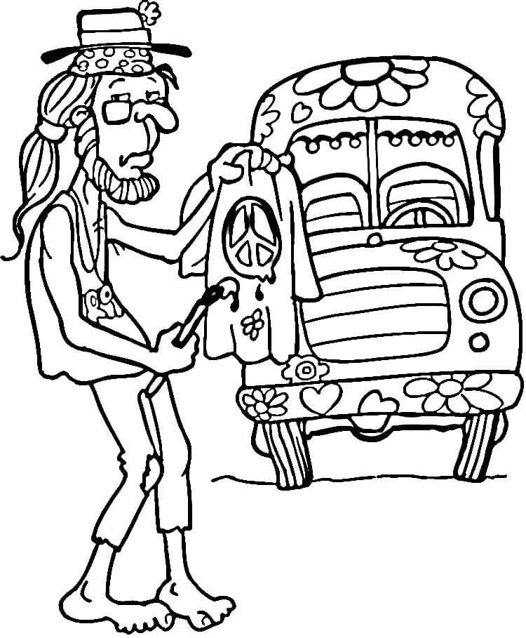 Hippie man and van coloring page