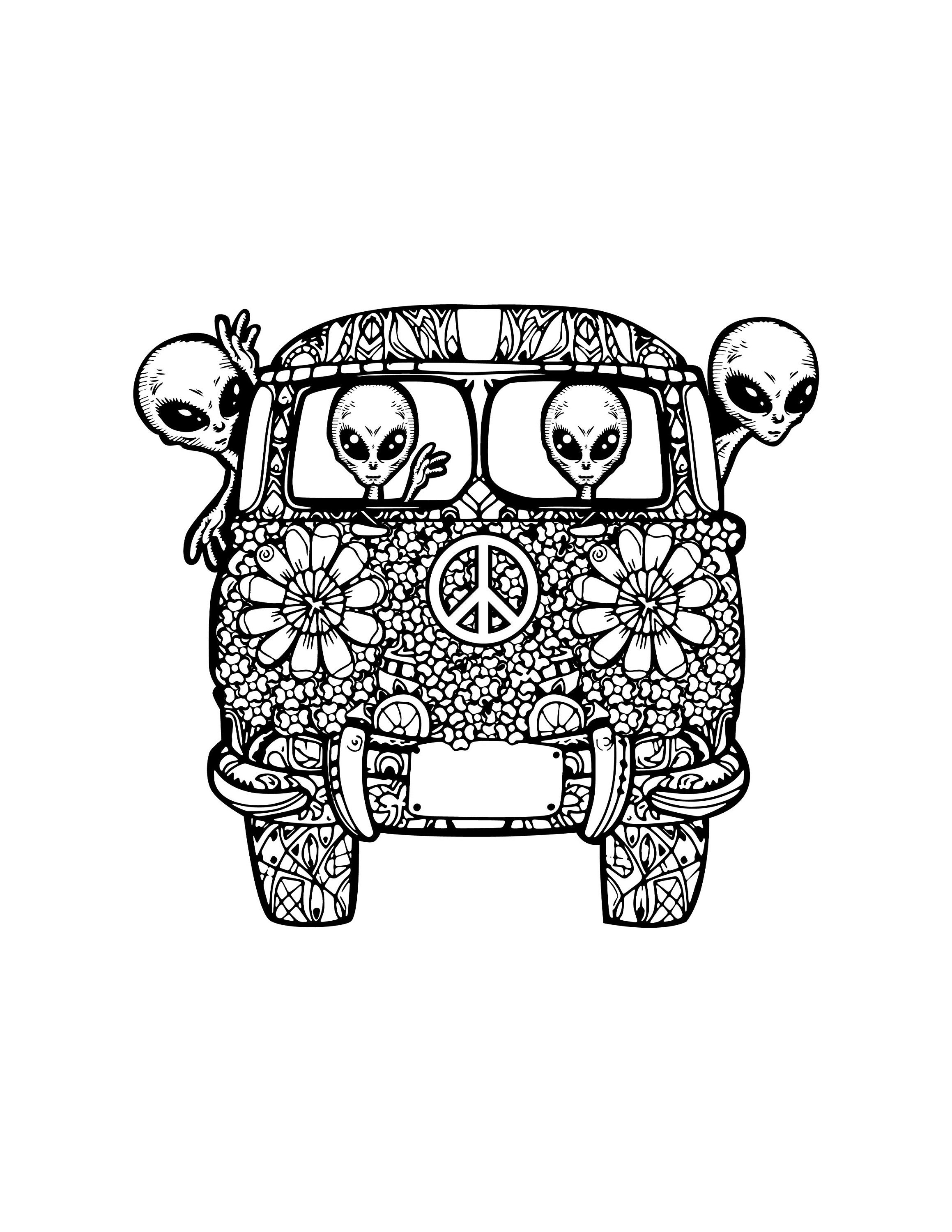Hippie alien printable hippie retro van coloring page digital download trippy hippie van life