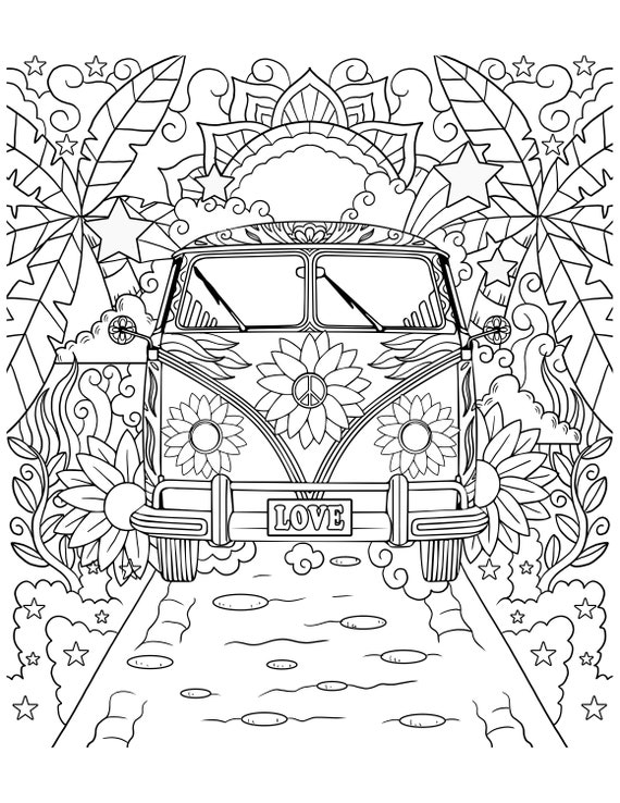 Printable hippie peace love van digital download camper van art hippie van coloring page