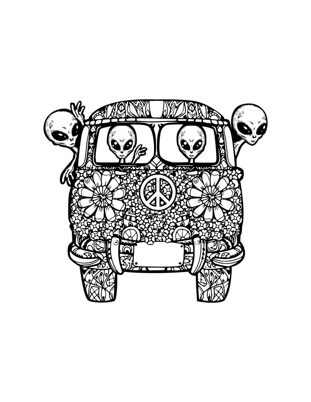 Hippie alien printable hippie retro van coloring page digital download trippy hippie van life