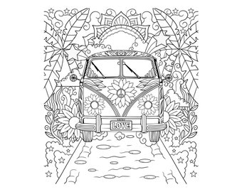 Printable hippie peace love van digital download camper van art hippie van coloring page