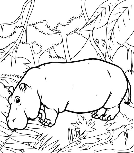 Premium vector hippo in the jungle coloring page