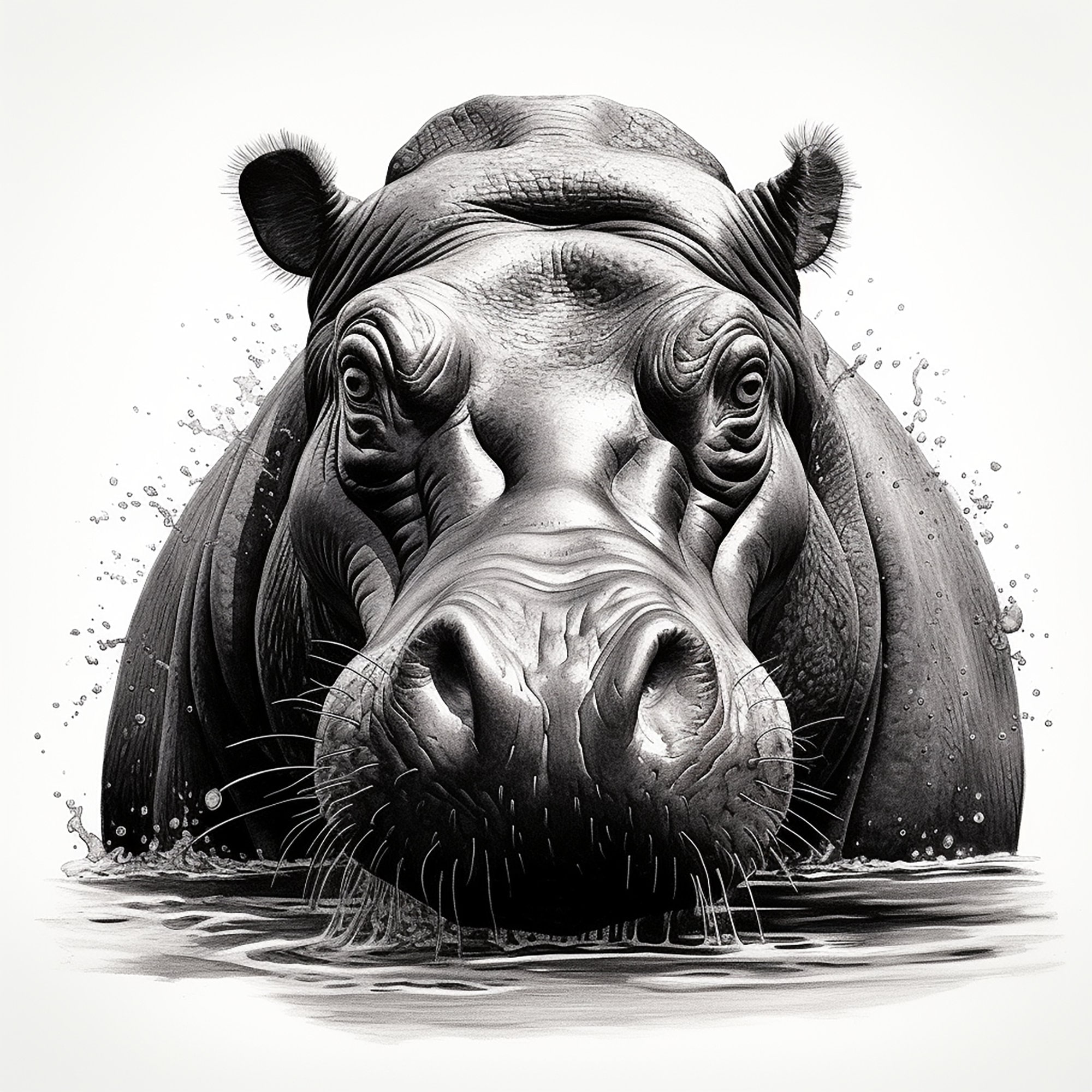 Hippo fine black line portrait printable wildlife animal illustration for coloring page sticker stencil logo tattoo