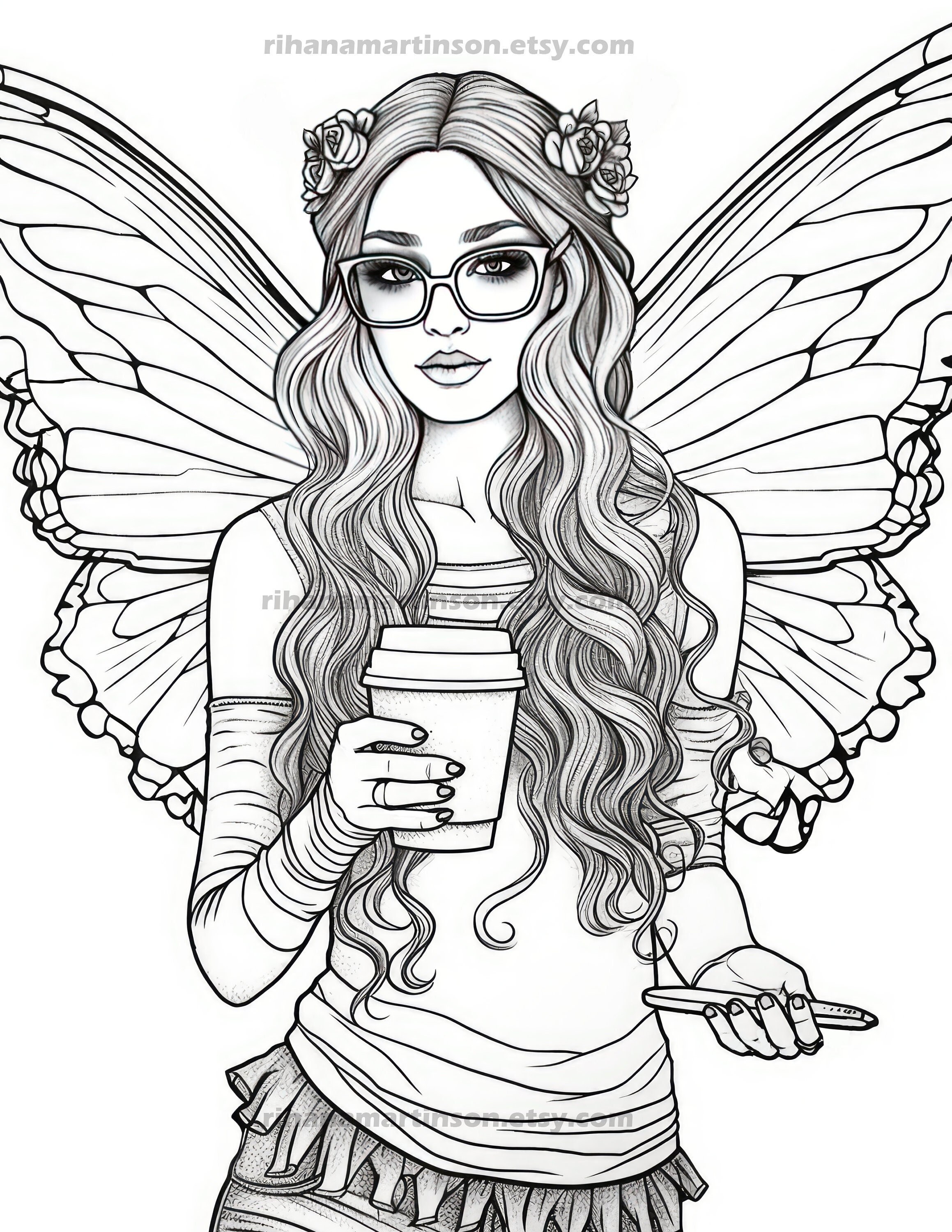 Fantasy fairy printable adult coloring book page hipster coffee fairy