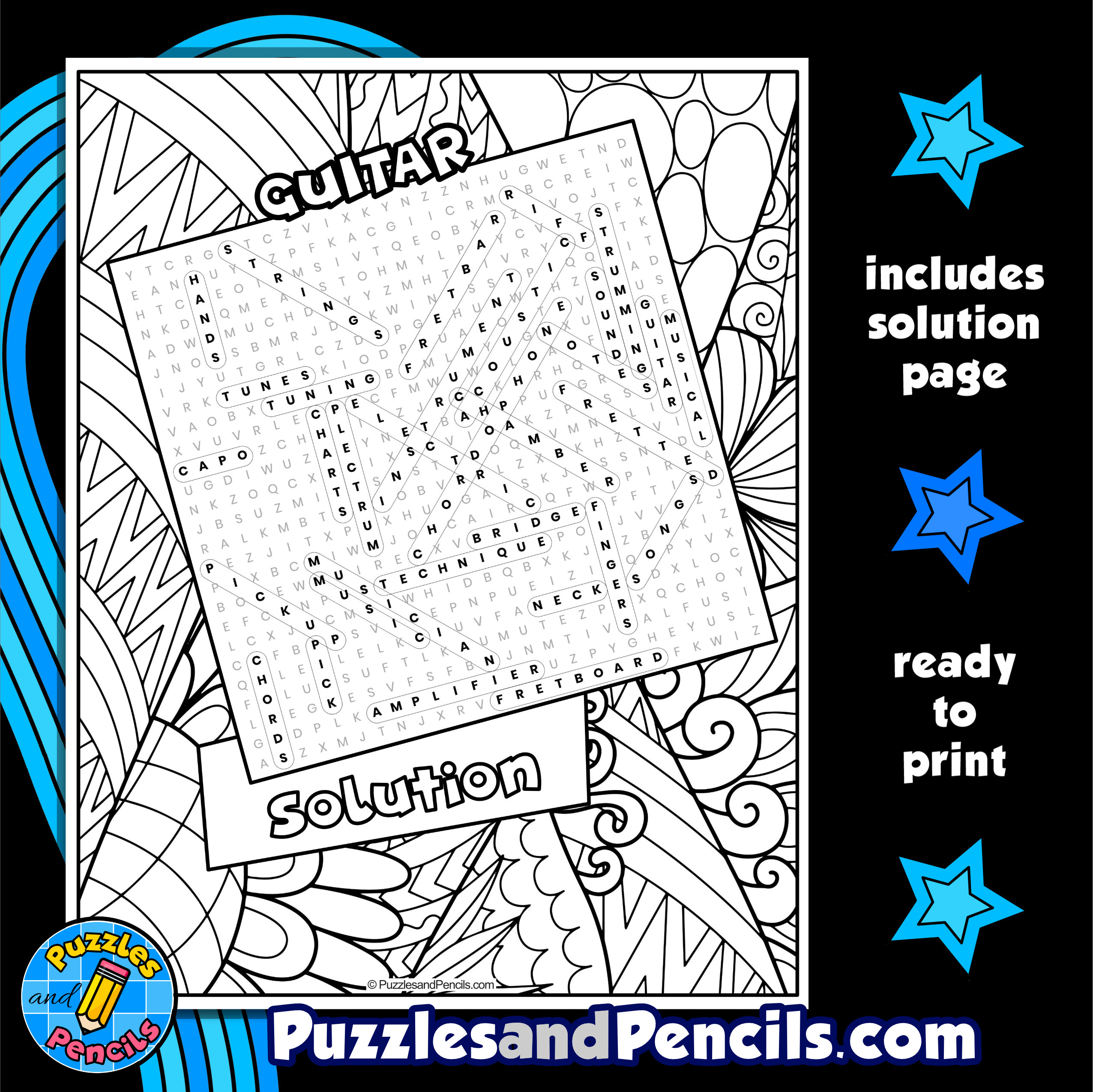 Guitar word search puzzle activity page with coloring music wordsearch made by teachers