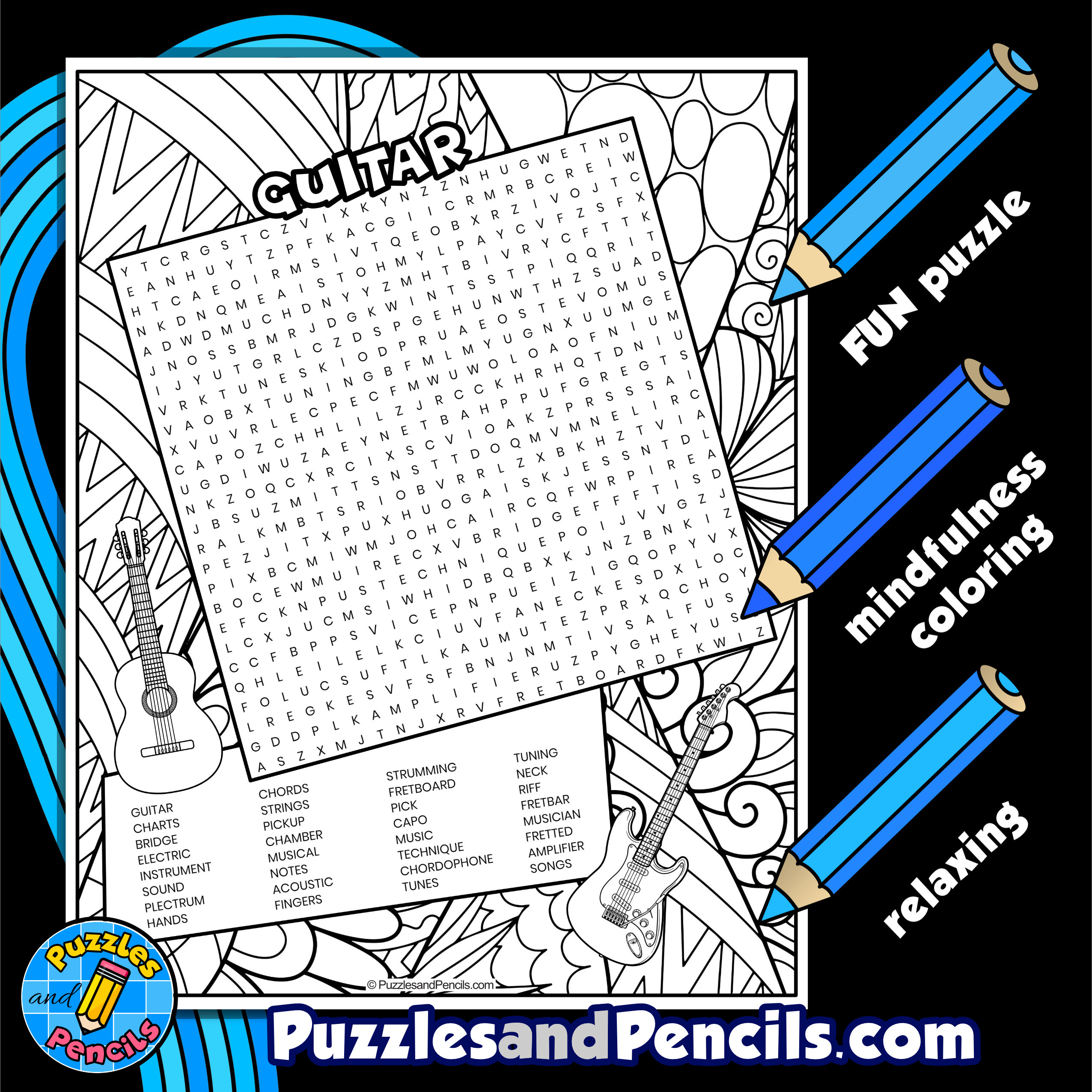 Guitar word search puzzle activity page with coloring music wordsearch made by teachers