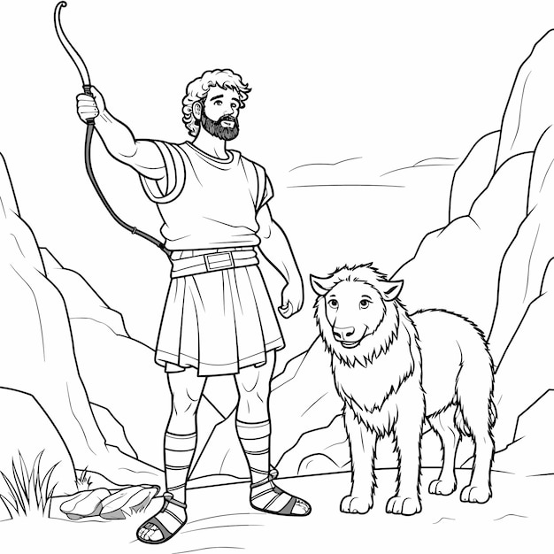 Vector niãos lindo colorear caricatura pãgina historia bãblica daniel en el foso de los leon en lãneas simpl vector premium