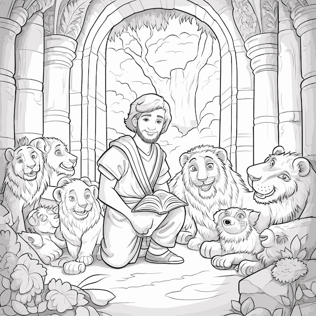 Premium vector vector kids cute coloring cartoon page bible story daniel in the lions den in simple lines