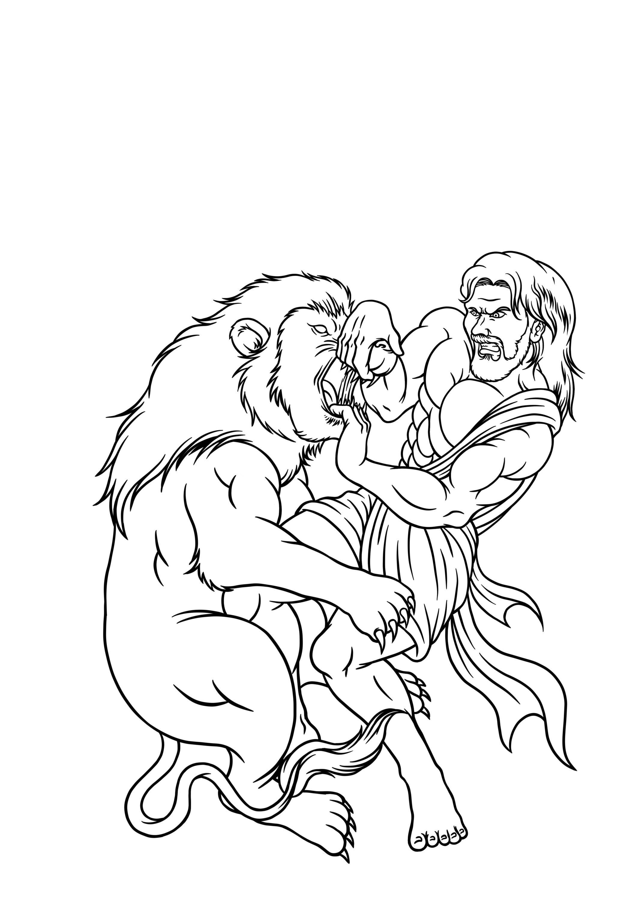 Pãgina para colorear de sansãn impresionante sansãn luchando contra un leãn