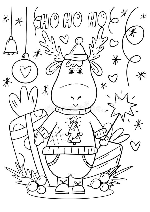 Christmas coloring book page illustration with cartoon deer hohoho lettering coloring illustration for kids stock illustration