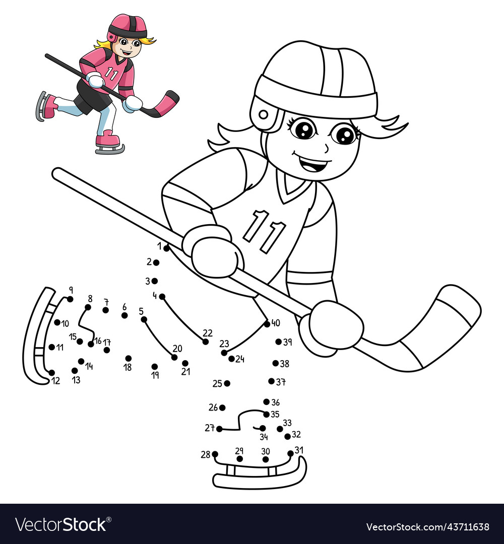 Dot to girl playing hockey coloring page vector image