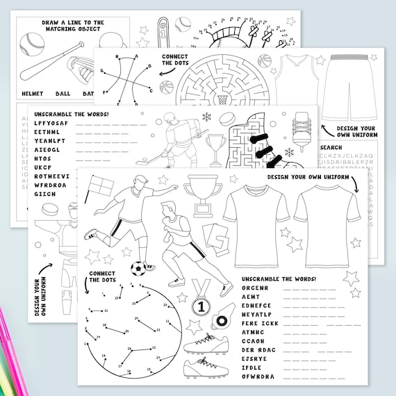 Sports coloring pages sports activity pages digital printable soccer baseball hockey basketball