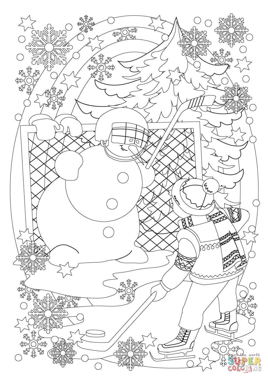 A boy and a snowman play hockey coloring page free printable coloring pages