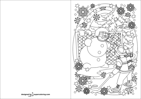 Boy playing hockey with snowman greeting card coloring page free printable coloring pages