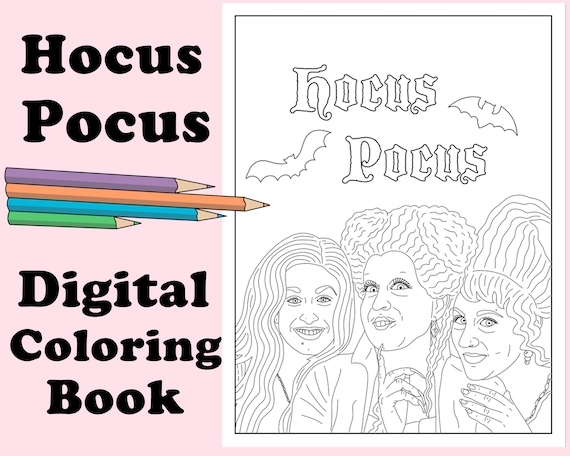 Hocus pocus digital coloring book instant printable pdf halloween activity rainy day art therapy coloring page party fun witches