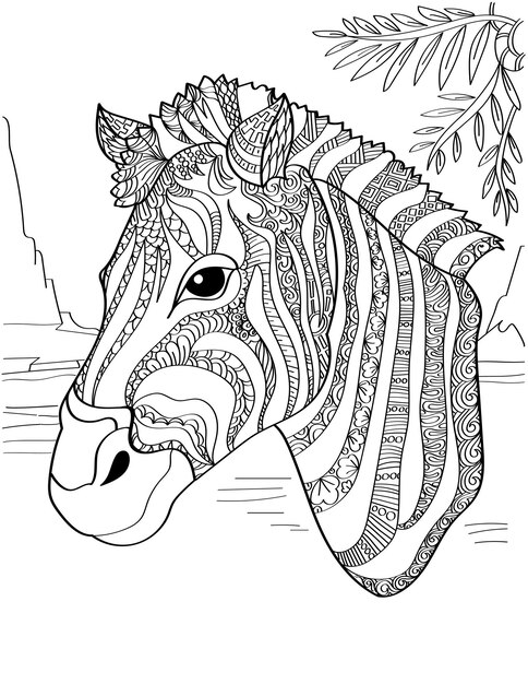 Cabeza de cebra hacia los lados con hojas sobre caballo de dibujo lineal incoloro con patrãn de rayas vector premium