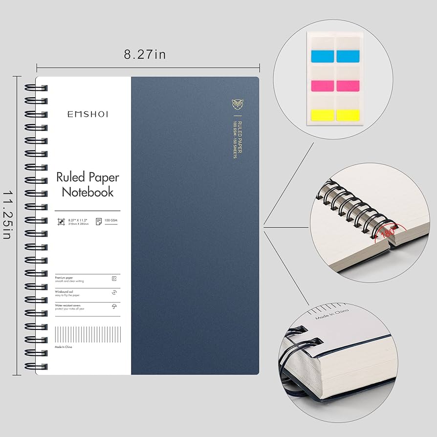 Emshoi cuaderno de espiral a con rayas universitarias x pulgadas pãginas hojas pãginas perforadas fãciles de rasgar papel grueso de ozm tapa blanda impermeable para trabajo escolar