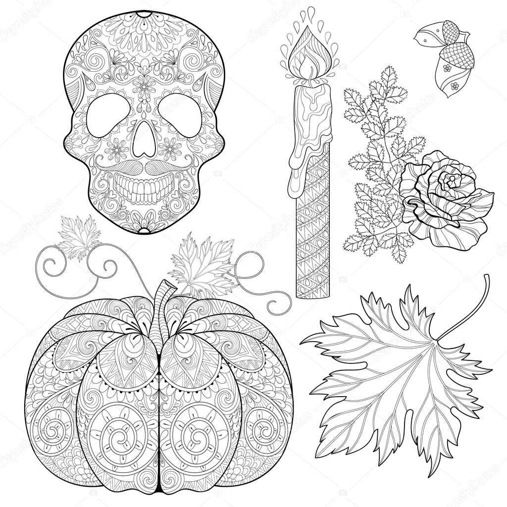 Zentangle estilizado calavera vela rosa bellota de roble calabaza aut vector de stock por ipanki
