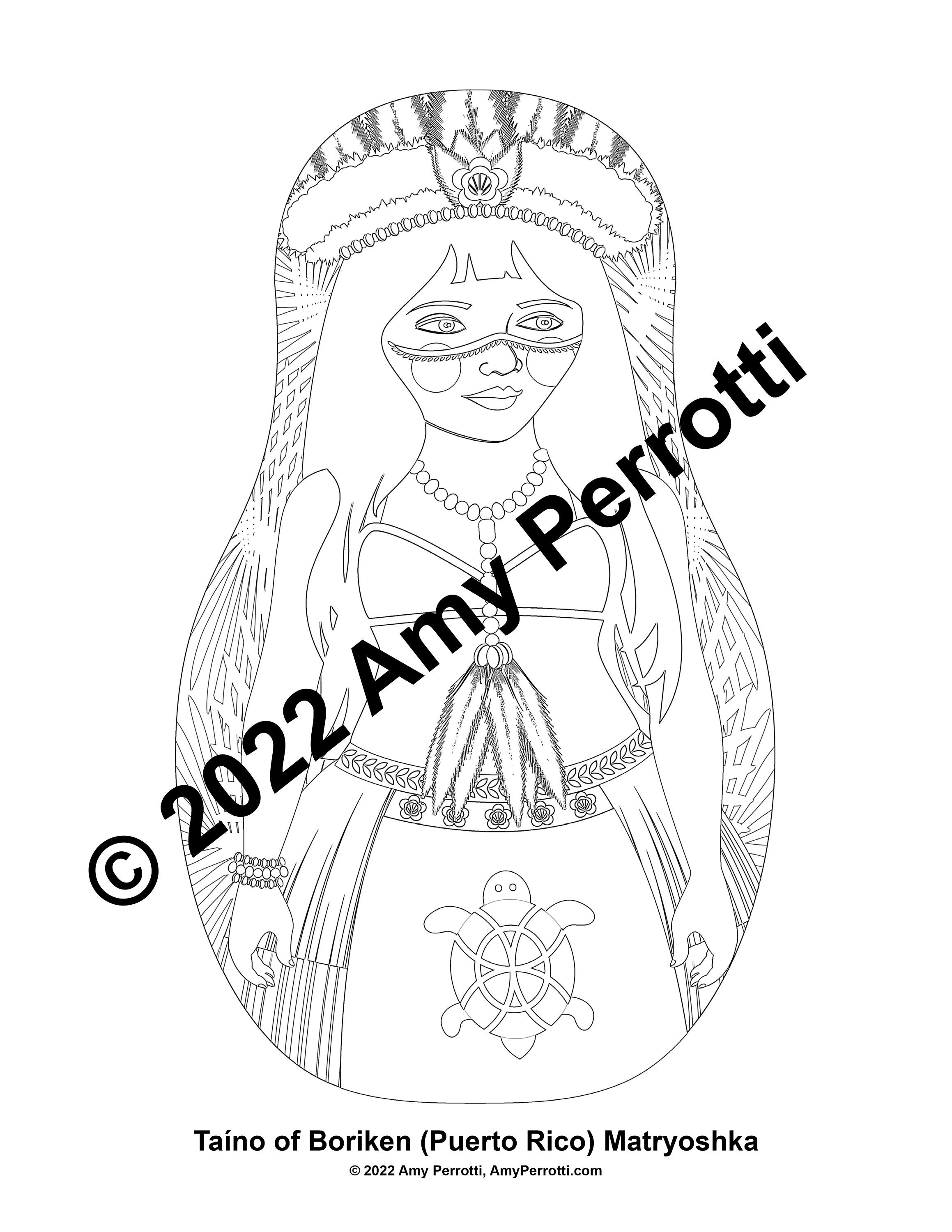 Puerto rican taãno of boriken coloring sheet printable file traditional folk dress matryoshka doll