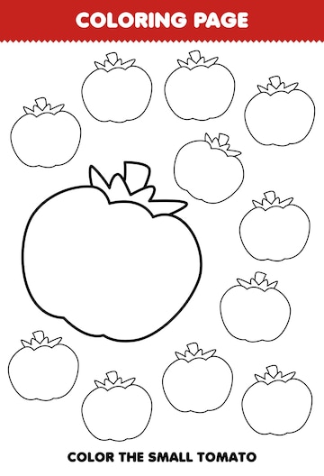 Juego educativo para niãos pãgina para colorear imagen grande o pequeãa de la hoja de trabajo imprimible de arte de lãnea vegetal de tomate de dibujos animados lindo vector premium