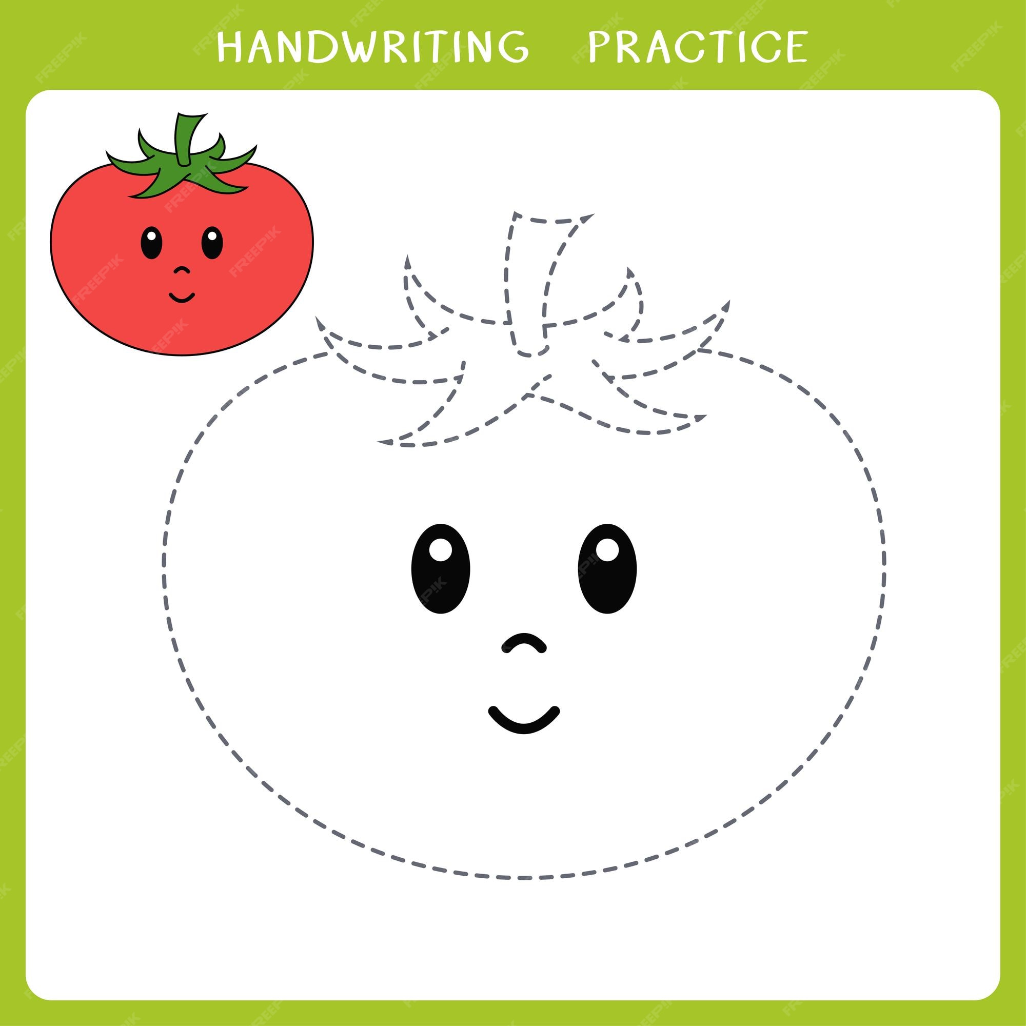 Hoja de prãctica de critura a mano con tomate lindo vector premium
