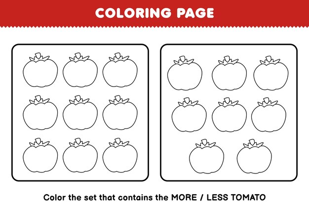Juego educativo para niãos para colorear pãgina mãs o menos imagen de dibujos animados tomate vegetal lãnea arte conjunto hoja de trabajo imprimible vector premium