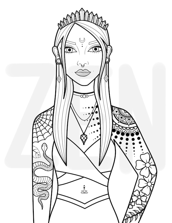 Tattooed girl printable coloring page pãgina para colorear para adultos hoja para colorear crystal babe crystal queen goddess coloring page