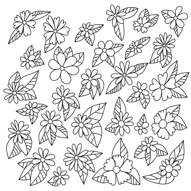 Conjunto de flor de garabatos de diferent contornos con hojas rayadas para diseão o libro de colorear vector premium