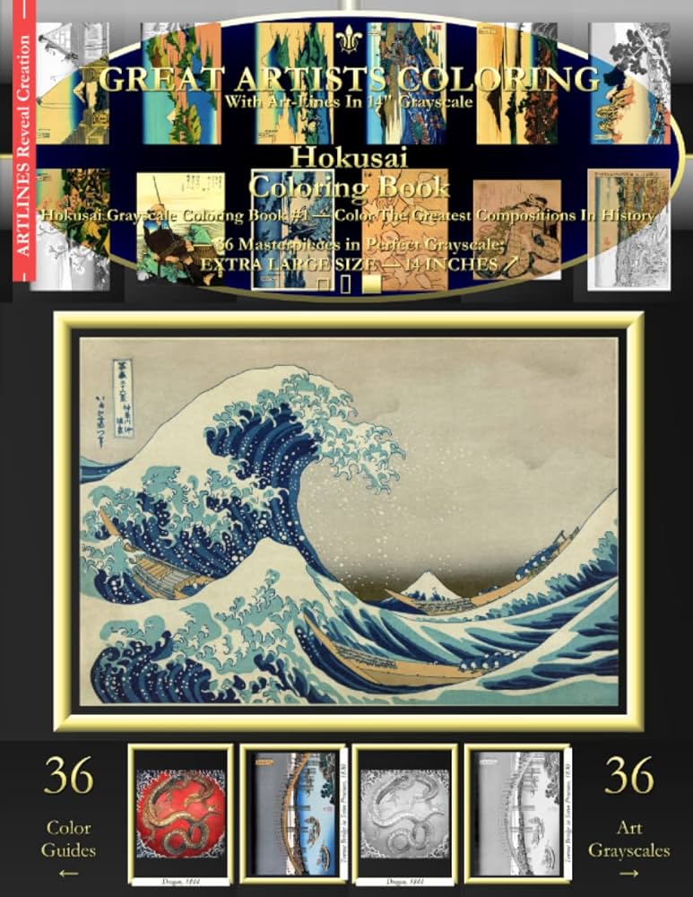 Hokusai coloring book hokusai grayscale coloring book