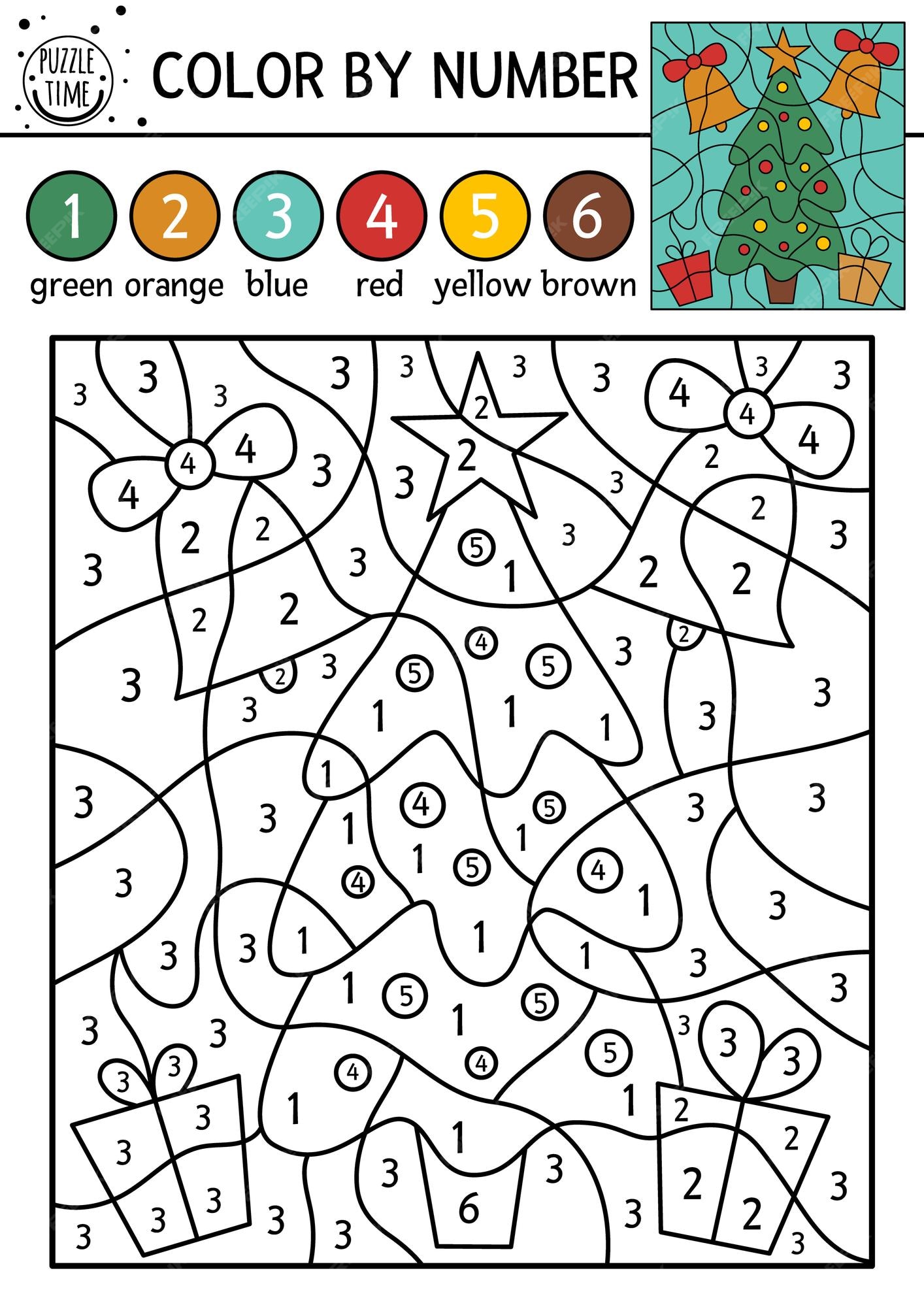 Premium vector vector christmas color by number activity with fir tree bells gift boxes winter holiday coloring and counting game with cute plant funny new year coloration page for kids xa