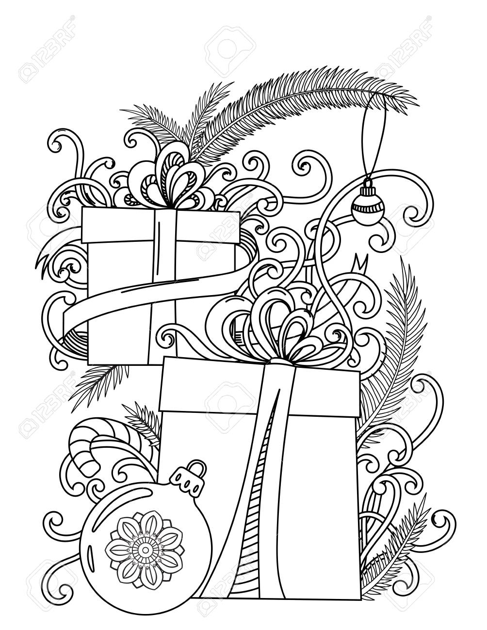 Christmas coloring page adult coloring book holiday gifts and decore hand drawn vector illustration royalty free svg cliparts vectors and stock illustration image