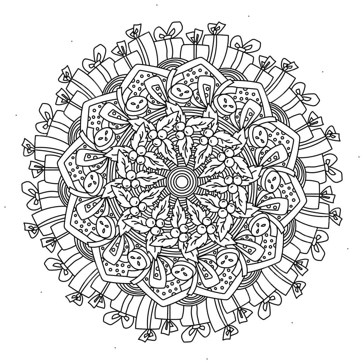 Xmas mandala outline festive coloring page featuring bells holly and holiday symbols vector man drawing ring drawing bell drawing png and vector with transparent background for free download