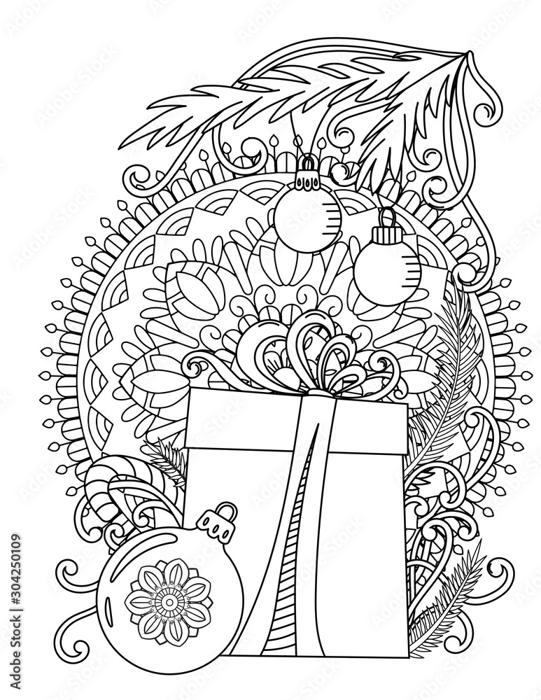 Christmas mandala coloring page adult coloring book holiday gift balls and ribbons hand drawn vector illustration vector