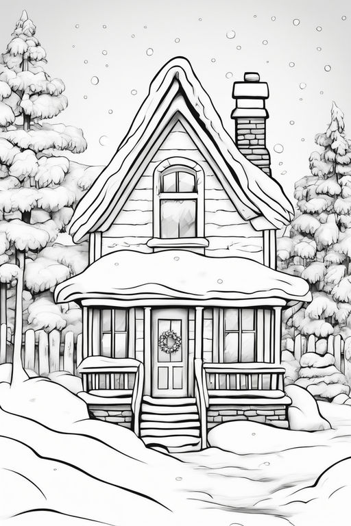 Looking through a window at a christmas scene line drawing with holiday borderfairy tale coloring pageintricate details line drawing illustration white background trending on artstation