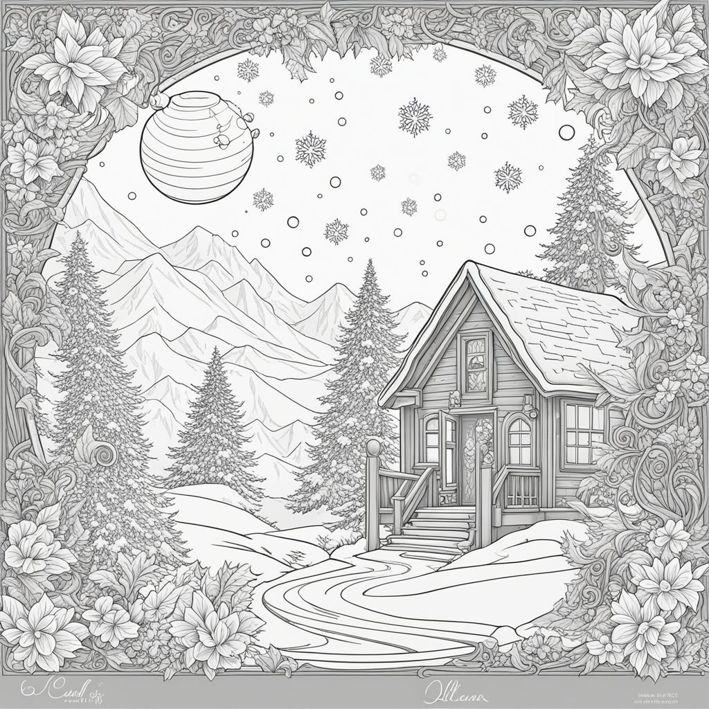 Looking through a window at a christmas scene line drawing with holiday borderfairy tale coloring pageintricate details line drawing illustration white background trending on artstation