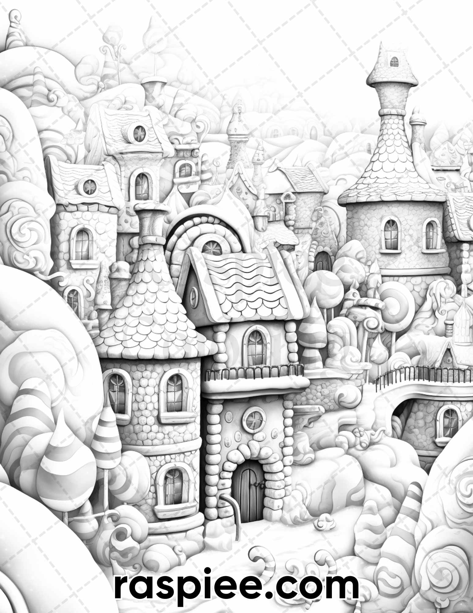 Gingerbread village grayscale coloring pages for adults printable â coloring